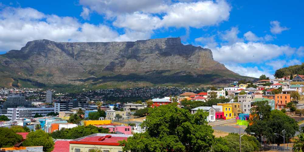Aerial view of the colourful Bo-Kaap neighbourhood with Table Mountain in the background, Cape Town